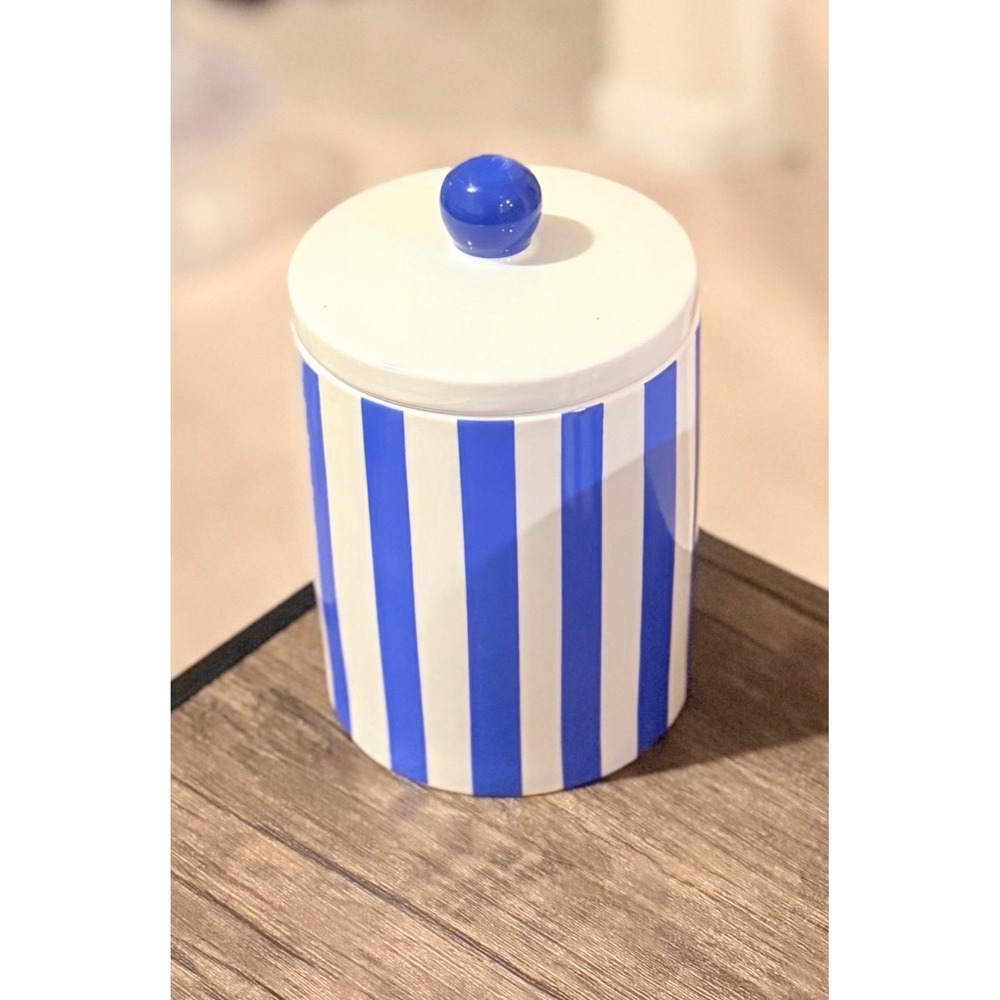 Brand New Egyptian Blue & White Striped Ceramic Storage Canister Jar with Lid